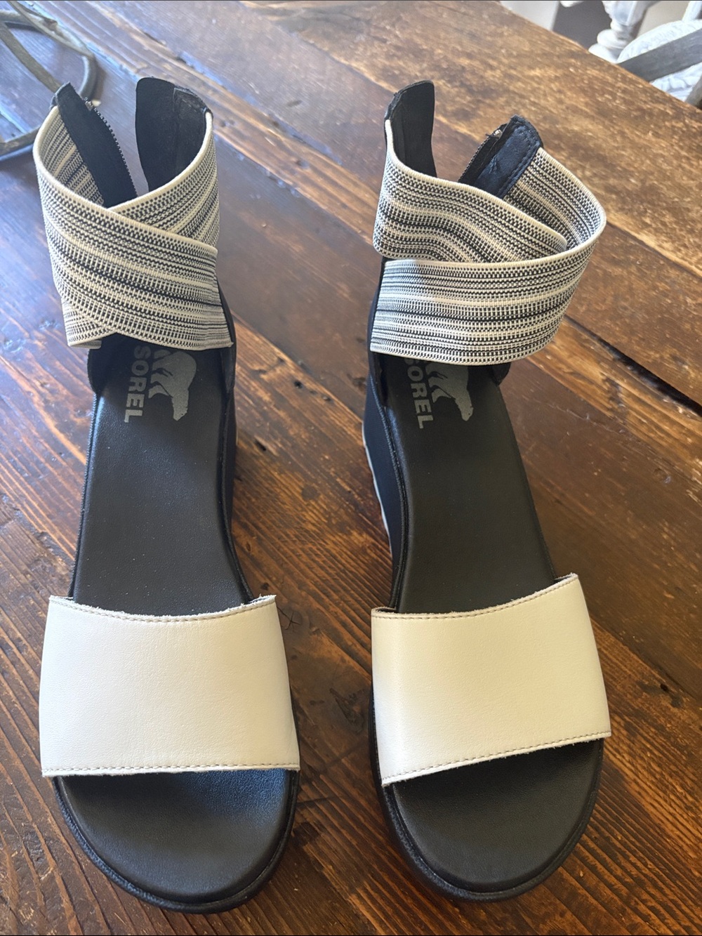 Sorel Ivory and Black Ankle-Strap Sandals